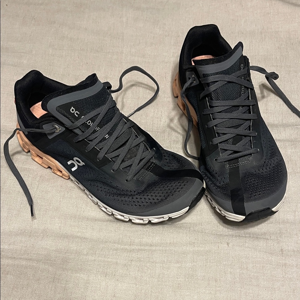 On Running Womens Black and Peach Athletic Shoes